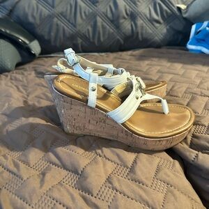 Liz Claiborne White and Tan Sandals with Cork Wedge Sole